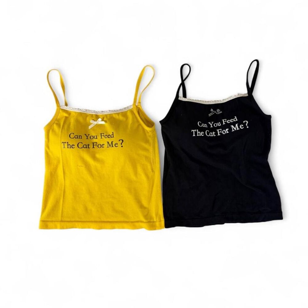 Yellow and black "Can You Feed The Cat For Me?" lacey tanks